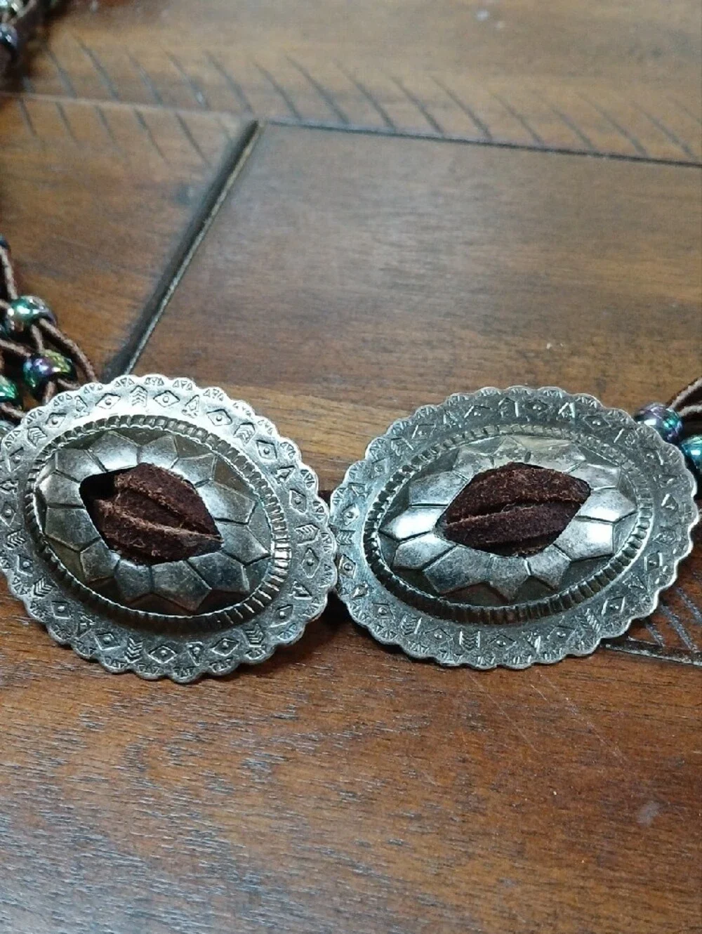 Brown Leather Western Concho Beaded Belt